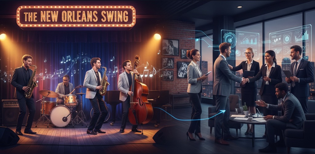 The Jazz of Partnerships - Business professionals collaborating with jazz musicians